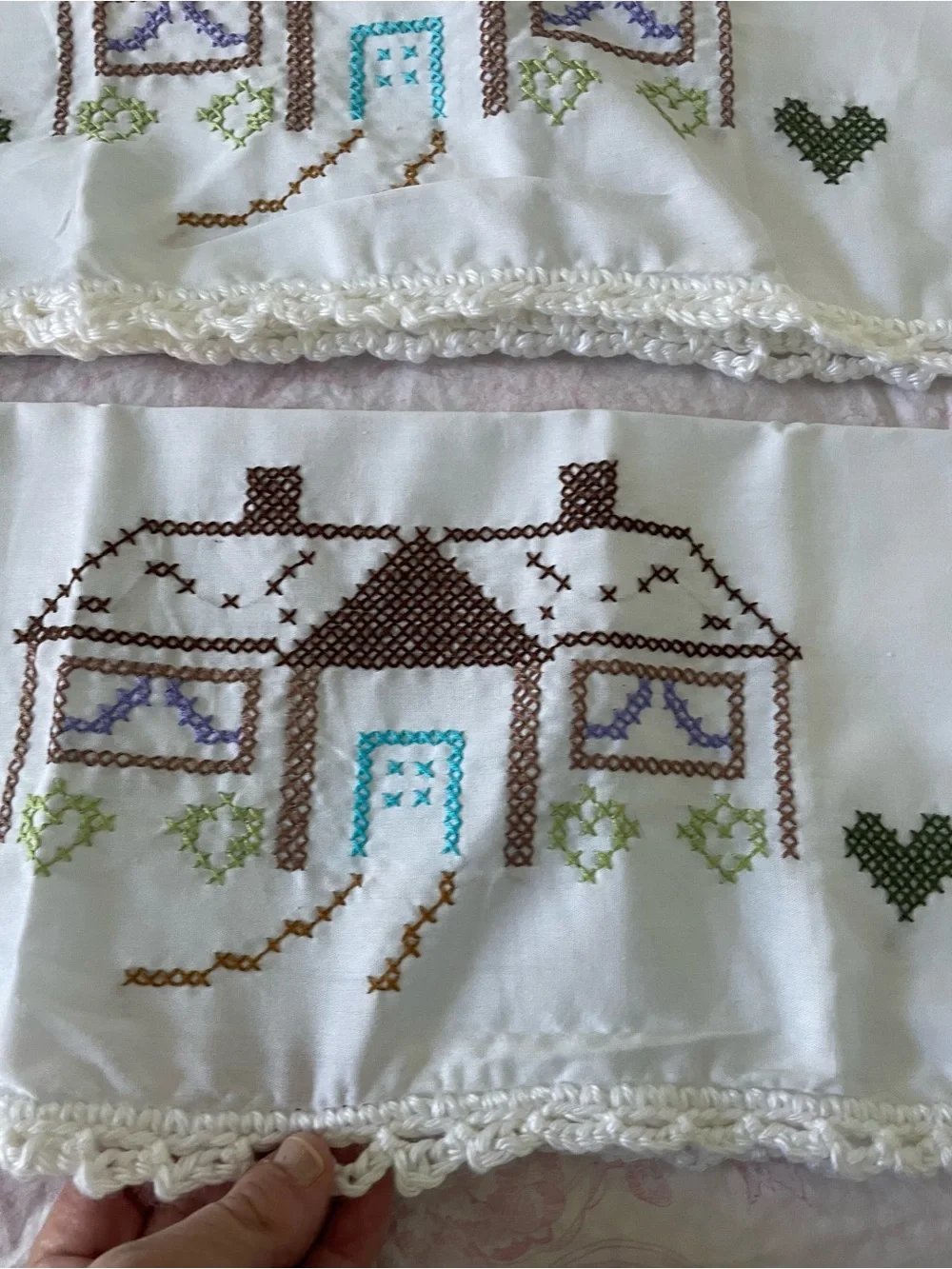 Grannycore Hand Cross-stitched House pillowcase set with crocheted trim